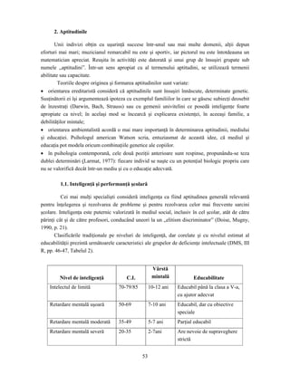 53
2. Aptitudinile
Unii indivizi obţin cu uşurinţă succese într-unul sau mai multe domenii, alţii depun
eforturi mai mari; muzicianul remarcabil nu este şi sportiv, iar pictorul nu este întotdeauna un
matematician apreciat. Reuşita în activităţi este datorată şi unui grup de însuşiri grupate sub
numele ,,aptitudini”. Într-un sens apropiat cu al termenului aptitudini, se utilizează termenii
abilitate sau capacitate.
Teoriile despre originea şi formarea aptitudinilor sunt variate:
• orientarea ereditaristă consideră că aptitudinile sunt însuşiri înnăscute, determinate genetic.
Susţinătorii ei îşi argumentează ipoteza cu exemplul familiilor în care se găsesc subiecţi deosebit
de înzestraţi (Darwin, Bach, Strauss) sau cu gemenii univitelini ce posedă inteligenţe foarte
apropiate ca nivel; în acelaşi mod se încearcă şi explicarea existenţei, în aceeaşi familie, a
debilităţilor mintale;
• orientarea ambientalistă acordă o mai mare importanţă în determinarea aptitudinii, mediului
şi educaţiei. Psihologul american Watson scria, entuziasmat de această idee, că mediul şi
educaţia pot modela oricum combinaţiile genetice ale copiilor.
• în psihologia contemporană, cele două poziţii anterioare sunt respinse, propunându-se teza
dublei determinări (Larmat, 1977): fiecare individ se naşte cu un potenţial biologic propriu care
nu se valorifică decât într-un mediu şi cu o educaţie adecvată.
1.1. Inteligenţă şi performanţă şcolară
Cei mai mulţi specialişti consideră inteligenţa ca fiind aptitudinea generală relevantă
pentru înţelegerea şi rezolvarea de probleme şi pentru rezolvarea celor mai frecvente sarcini
şcolare. Inteligenţa este puternic valorizată în mediul social, inclusiv în cel şcolar, atât de către
părinţi cât şi de către profesori, conducând uneori la un „elitism discriminator” (Doise, Mugny,
1990, p. 21).
Clasificările tradiţionale pe niveluri de inteligenţă, dar corelate şi cu nivelul estimat al
educabilităţii prezintă următoarele caracteristici ale grupelor de deficienţe intelectuale (DMS, III
R, pp. 46-47, Tabelul 2).
Nivel de inteligenţă C.I.
Vârstă
mintală Educabilitate
Intelectul de limită 70-79/85 10-12 ani Educabil până la clasa a V-a,
cu ajutor adecvat
Retardare mentală uşoară 50-69 7-10 ani Educabil, dar cu obiective
speciale
Retardare mentală moderată 35-49 5-7 ani Parţial educabil
Retardare mentală severă 20-35 2-7ani Are nevoie de supraveghere
strictă
 