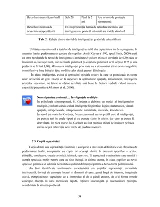 54
Retardare mentală profundă Sub 20 Până la 2
ani
Are nevoie de protecţie
permanentă
Retardare mentală de
severitate nespecificată
Există prezumţia fermă de retardare mentală, dar
inteligenţa nu poate fi măsurată cu testele standard.
Tab. 2. Relaţia dintre nivelul de inteligenţă şi gradul de educabilitate
Utilitatea necontestată a testelor de inteligenţă rezultă din capacitatea lor de a prognoza, în
anumite limite, performanţele şcolare ale copiilor. Astfel Carver (1990, apud Birch, 2000) arată
că între rezultatele la testul de inteligenţă şi rezultatele şcolare există o corelaţie de 0,60 ceea ce
înseamnă o corelaţie bună, dar nu foarte puternică (o corelaţie puternică ar fi depăşit 0,75 şi una
perfectă ar fi fost 1,00). Măsurarea inteligenţei prin teste nu a demonstrat că ar exista inegalităţi
semnificative între băieţi şi fete, mediile celor două grupuri fiind egale.
În afara inteligenţei, există şi aptitudini speciale relativ la care se postulează existenţa
unor deosebiri de gen: băieţii ar fi superiori la aptitudinile spaţiale, raţionament, înţelegerea
relaţiilor mecanice, iar fetele ar obţine rezultate mai bune la factorii verbali, calcul numeric,
capacităţi perceptive (Atkinson et al., 2000).
Numai pentru pasionaţi… Inteligenţele multiple
În psihologia contemporană, H. Gardner a elaborat un model al inteligenţelor
multiple, conform căruia există inteligenţe lingvistice, logico-matematice, vizual-
spaţiale, intrapersonale, interpersonale, naturaliste, muzicale, kinestezice.
În acord cu teoria lui Gardner, fiecare persoană are un profil unic al inteligenţei,
cu puncte tari în unele tipuri şi cu puncte slabe în altele, dar care ar putea fi
dezvoltate. Pe baza teoriei lui Gardner au fost propuse stiluri de învăţare pe baza
cărora se pot diferenţia activităţile de predare-învăţare.
2.5. Copiii supradotaţi
Copiii dotaţi sau supradotaţi constituie o categorie a cărei notă definitorie este obţinerea de
performanţe înalte, comparativ cu copiii de aceeaşi vârstă, în domenii specifice – şcolar,
ştiinţific, conducere, creaţie artistică, tehnică, sport etc. Ei reprezintă o minoritate care merită o
atenţie specială, motiv pentru care au fost incluşi, în ultima vreme, în clasa copiilor cu nevoi
speciale, pentru a se sublinia necesitatea ajutorul diferenţiat pentru a dezvoltarea potenţialului.
Au fost identificate următoarele caracteristici ale copiilor supradotaţi: curiozitate
intelectuală, dorinţă de cunoaşte lucruri şi domenii diverse, gamă largă de interese, imaginaţie
activă, perspicacitate, capacitate de a improviza şi de a gândi creator, de a-şi forma repede
concepte, fluenţă în idei, memorare rapidă, reţinere îndelungată şi reactualizare promptă,
sensibilitate la situaţii-problemă.
 