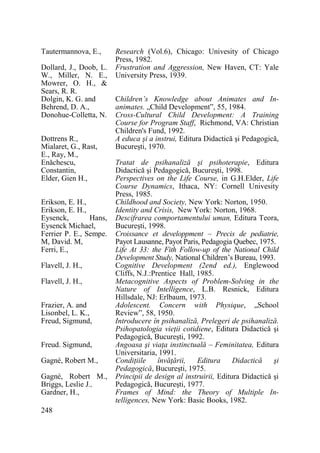 Tautermannova, E.,
Dollard, J., Doob, L.
W., Miller, N. E.,
Mowrer, O. H., &
Sears, R. R.
Dolgin, K. G. and
Behrend, D. A.,
Donohue-Colletta, N.
Dottrens R.,
Mialaret, G., Rast,
E., Ray, M.,
Enăchescu,
Constantin,
Elder, Gien H.,
Erikson, E. H.,
Erikson, E. H.,
Eysenck,
Hans,
Eysenck Michael,
Ferrier P. E., Sempe.
M, David. M,
Ferri, E.,
Flavell, J. H.,
Flavell, J. H.,
Frazier, A. and
Lisonbel, L. K.,
Freud, Sigmund,
Freud. Sigmund,
Gagné, Robert M.,
Gagné, Robert M.,
Briggs, Leslie J.,
Gardner, H.,
248

Research (Vol.6), Chicago: Univesity of Chicago
Press, 1982.
Frustration and Aggression, New Haven, CT: Yale
University Press, 1939.
Children’s Knowledge about Animates and Inanimates. „Child Development”, 55, 1984.
Cross-Cultural Child Development: A Training
Course for Program Staff, Richmond, VA: Christian
Children's Fund, 1992.
A educa şi a instrui, Editura Didactică şi Pedagogică,
Bucureşti, 1970.
Tratat de psihanaliză şi psihoterapie, Editura
Didactică şi Pedagogică, Bucureşti, 1998.
Perspectives on the Life Course, in G.H.Elder, Life
Course Dynamics, Ithaca, NY: Cornell Univesity
Press, 1985.
Childhood and Society, New York: Norton, 1950.
Identity and Crisis, New York: Norton, 1968.
Descifrarea comportamentului uman, Editura Teora,
Bucureşti, 1998.
Croissance et developpment – Precis de pediatrie,
Payot Lausanne, Payot Paris, Pedagogia Quebec, 1975.
Life At 33: the Fith Follow-up of the National Child
Development Study, National Children’s Bureau, 1993.
Cognitive Development (2end ed.), Englewood
Cliffs, N.J.:Prentice Hall, 1985.
Metacognitive Aspects of Problem-Solving in the
Nature of Intelligence, L.B. Resnick, Editura
Hillsdale, NJ: Erlbaum, 1973.
Adolescent. Concern with Physique, „School
Review”, 58, 1950.
Introducere în psihanaliză, Prelegeri de psihanaliză.
Psihopatologia vieŃii cotidiene, Editura Didactică şi
Pedagogică, Bucureşti, 1992.
Angoasa şi viaŃa instinctuală – Feminitatea, Editura
Universitaria, 1991.
CondiŃiile
învăŃării,
Editura
Didactică
şi
Pedagogică, Bucureşti, 1975.
Principii de design al instruirii, Editura Didactică şi
Pedagogică, Bucureşti, 1977.
Frames of Mind: the Theory of Multiple Intelligences, New York: Basic Books, 1982.

 