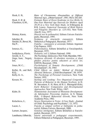 Hook, E. B,
Hook. E. B &
Chambers, G.M.,

Horney, Karen,
Inhelder, B.
Sinclair, H., Bovet, M.,
IluŃ P.,
Ionescu, G.,
Iordăchescu, Florin,
Jersild, A. T.,
Jinga, Ioan, NegreŃ,
Ion,
Jones, M. C.,
Keller, B., and Bell,
R.Q.,
Kelly, G. A.,
Kessen, W.,

Klahr, D.

Koluchova, J.,
Lacan, J.,
Lamart, Jacques,
Landsheere, Gilbert de,
250

Rates of Chromosome Abnormalities at Different
Maternal Ages, „Obstet Gynecol”, 1981; 58(3): 282-285.
Estimate Rates of Down Syndrome in Live Births by
One-Year Maternal Age Intervals for Mothers Aged
20-29 in a New York State Study, in D.Bergsma &
R.B. Lowry, Numerical Taxonomy of Birth Defects
and Polygenic Disorders (p. 123-141), New York:
Alan R. Liss, 1977.
DirecŃii noi în psihanaliză, Editura Univers Enciclopedic, Bucureşti, 1995.
ÎnvăŃarea şi structurile cunoaşterii, Editura
Didactică şi Pedagogică, Bucureşti, 1977.
Familia – cunoaştere şi asistenŃă, Editura Argonaut
Cluj-Napoca, 1995.
Psihosomatica, Editura ŞtiinŃifică şi Enciclopedică,
Bucureşti, 1975.
Pediatrie, vol. I, Editura NaŃional, 1998.
The Psychology Adolescence, New York, Macmilan, 1963.
ÎnvăŃarea eficientă. O abordare teoretica şi două
ghiduri practice pentru educatori şi elevii lor,
EDITIS, Bucureşti, 1994.
Psychological of Somatic Developement, „Child
Development”, 36, 1965.
Child Effects on Adults’ Method of Eliciting
Altruistic Behavior, „Child Development”, 50, 1979.
The Psychology of Personal Constructs, New York
Norton, 1955.
Sucking and Looking: Two Organized Congenital
Patterns of Behavior in the Human Newborn, in H.
W. Stevenson, E. H. Hess, & H. L. Rheingold (Eds),
Early Behavior: Comparative and Developmantal
Approaches, New York: Wiley, 1967.
Nonmonotone Assessment of Monotone Development:
An Information Processing Analysis, in S. Strauss
(Ed)., U-Shaped Behavioral Growth, New York:
Academic Press, 1982.
Severe Deprivation in Twins: A Case Study, „Journal
of Child. Psychology and Psychiatry”, 13, 1972.
FuncŃia şi câmpul vorbirii şi limbajului în psihanaliză, Editura Univers, Bucureşti, 2000.
Genetica inteligenŃei, Editura ŞtiinŃifică şi Enciclopedică, Bucureşti, 1977.
Istoria universală a pedagogiei exeperimentale,
Editura Didactică şi Pedagogică, Bucureşti, 1995.

 
