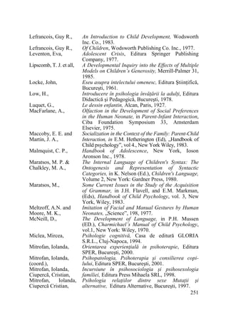 Lefrancois, Guy R.,
Lefrancois, Guy R.,
Leventon, Eva,
Lipscomb, T. J. et all,
Locke, John,
Low, H.,
Luquet, G.,
MacFarlane, A.,

Maccoby, E. E. and
Martin, J. A.,
Malmquist, C. P.,
Maratsos, M. P. &
Chalkley, M. A.,
Maratsos, M.,

Meltzoff, A.N. and
Moore, M. K.,
McNeill, D.,
Miclea, Mircea,
Mitrofan, Iolanda,
Mitrofan, Iolanda,
(coord.),
Mitrofan, Iolanda,
Ciupercă, Cristian,
Mitrofan,
Iolanda,
Ciupercă Cristian,

An Introduction to Child Development, Wodsworth
Inc. Co., 1983.
Of Children, Wodsworth Publishing Co. Inc., 1977.
Adolescent Crisis, Editura Springer Publishing
Company, 1977.
A Developmental Inquiry into the Effects of Multiple
Models on Children’s Generosity, Merrill-Palmer 31,
1985.
Eseu asupra intelectului omenesc, Editura ŞtiinŃifică,
Bucureşti, 1961.
Introducere în psihologia învăŃării la adulŃi, Editura
Didactică şi Pedagogică, Bucureşti, 1978.
Le dessin enfantin, Alcan, Paris, 1927.
Olfaction in the Development of Social Preferences
in the Human Neonate, in Parent-Infant Interaction,
Ciba Foundation Symposium 33, Amsterdam
Elsevier, 1975.
Socialization in the Context of the Family: Parent-Child
Interaction, in E.M. Hetherington (Ed), „Handbook of
Child psychology”, vol 4., New York Wiley, 1983.
Handbook of Adolescence, New York, Ioson
Aronson Inc., 1978.
The Internal Language of Children's Syntax: The
Ontogenesis and Representation of Syntactic
Categories, in K. Nelson (Ed.), Children's Language,
Volume 2, New York: Gardner Press, 1980.
Some Current Issues in the Study of the Acquisition
of Grammar, in J.H. Flavell, and E.M. Markman,
(Eds), Handbook of Child Psychology, vol. 3, New
York, Wiley, 1983.
Imitation of Facial and Manual Gestures by Human
Neonates, „Science”, 198, 1977.
The Development of Language, in P.H. Mussen
(ED.), Charmichael’s Manual of Child Psychology,
vol.1, New York: Wiley, 1970.
Psihologie cognitivă, Casa de editură GLORIA
S.R.L., Cluj-Napoca, 1994.
Orientarea experienŃială in psihoterapie, Editura
SPER, Bucureşti, 2000.
Psihopatologia, Psihoterapia şi consilierea copilului, Editura SPER, Bucureşti, 2001.
Incursiune în psihosociologia şi psihosexologia
familiei, Editura Press Mihaela SRL, 1998.
Psihologia relaŃiilor dintre sexe MutaŃii şi
alternative, Editura Alternative, Bucureşti, 1997.
251

 