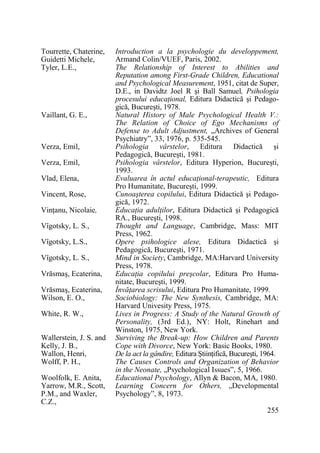 Tourrette, Chaterine,
Guidetti Michele,
Tyler, L.E.,

Vaillant, G. E.,

Verza, Emil,
Verza, Emil,
Vlad, Elena,
Vincent, Rose,
VinŃanu, Nicolaie,
Vîgotsky, L. S.,
Vîgotsky, L.S.,
Vîgotsky, L. S.,
Vrăsmaş, Ecaterina,
Vrăsmaş, Ecaterina,
Wilson, E. O.,
White, R. W.,
Wallerstein, J. S. and
Kelly, J. B.,
Wallon, Henri,
Wolff, P. H.,
Woolfolk, E. Anita,
Yarrow, M.R., Scott,
P.M., and Waxler,
C.Z.,

Introduction a la psychologie du developpement,
Armand Colin/VUEF, Paris, 2002.
The Relationship of Interest to Abilities and
Reputation among First-Grade Children, Educational
and Psychological Measurement, 1951, citat de Super,
D.E., in Davidtz Joel R şi Ball Samuel, Psihologia
procesului educaŃional, Editura Didactică şi Pedagogică, Bucureşti, 1978.
Natural History of Male Psychological Health V.:
The Relation of Choice of Ego Mechanisms of
Defense to Adult Adjustment, „Archives of General
Psychiatry”, 33, 1976, p. 535-545.
Psihologia vârstelor, Editura Didactică şi
Pedagogică, Bucureşti, 1981.
Psihologia vârstelor, Editura Hyperion, Bucureşti,
1993.
Evaluarea în actul educaŃional-terapeutic, Editura
Pro Humanitate, Bucureşti, 1999.
Cunoaşterea copilului, Editura Didactică şi Pedagogică, 1972.
EducaŃia adulŃilor, Editura Didactică şi Pedagogică
RA., Bucureşti, 1998.
Thought and Language, Cambridge, Mass: MIT
Press, 1962.
Opere psihologice alese, Editura Didactică şi
Pedagogică, Bucureşti, 1971.
Mind in Society, Cambridge, MA:Harvard University
Press, 1978.
EducaŃia copilului preşcolar, Editura Pro Humanitate, Bucureşti, 1999.
ÎnvăŃarea scrisului, Editura Pro Humanitate, 1999.
Sociobiology: The New Synthesis, Cambridge, MA:
Harvard Univesity Press, 1975.
Lives in Progress: A Study of the Natural Growth of
Personality, (3rd Ed.), NY: Holt, Rinehart and
Winston, 1975, New York.
Surviving the Break-up: How Children and Parents
Cope with Divorce, New York: Basic Books, 1980.
De la act la gândire, Editura ŞtiinŃifică, Bucureşti, 1964.
The Causes Controls and Organization of Behavior
in the Neonate, „Psychological Issues”, 5, 1966.
Educational Psychology, Allyn & Bacon, MA, 1980.
Learning Concern for Others, „Developmental
Psychology”, 8, 1973.
255

 