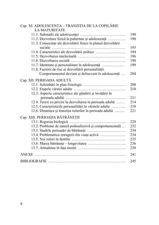 Cap. XI. ADOLESCENłA – TRANZIłIA DE LA COPILĂRIE
LA MATURITATE
11.1. Substadii ale adolescenŃei ……………………………...
11.2. Dezvoltare fizică la pubertate şi adolescenŃă …………..
11.3. ConsecinŃe ale dezvoltării fizice în planul dezvoltării
sociale ………………………………………………….
11.4. Caracteristici ale dezvoltării psihice …………………...
11.5. Dezvoltarea intelectuală ……………………………….
11.6. Dezvoltarea socială …………………………………….
11.7. Identitate şi personalitate în adolescenŃă ………………
11.8. Factorii de risc ai dezvoltării personalităŃii.
Comportamentul deviant şi delincvent în adolescenŃă …
Cap. XII. PERIOADA ADULTĂ
12.1. Schimbări în plan fiziologic ……………………………
12.2. Etapele vârstei adulte …………………………………..
12.3. Aspecte caracteristice ale gândirii şi învăŃării în
perioada adultă ………………………………………...
12.4. Teorii cu privire la dezvoltarea în perioada adultă …….
12.5. Caracteristicile personalităŃii la vârstele adulte ………..
12.6. Dinamica şi tranziŃia rolurilor în perioada adultă ……..

190
190
193
194
196
198
199
204
208
210
211
214
218
221

Cap. XIII. PERIOADA BĂTRÂNEłII
13.1. Regresia biologică ……………………………………...
13.2. Probleme de natură psihoafectivă şi comportamentală …
13.3. Stadiile perioadei de bătrâneŃe …………………………
13.4. Problematica retragerii din viaŃa activă ………………..
13.5. Noi roluri în familie ……………………………………
13.6. Marea bătrâneŃe – longevitatea ………………………...
13.7. Atitudinea în faŃa morŃii ………………………………..

228
232
234
234
235
236
238

ANEXE ……………………………………………………………...

241

BIBLIOGRAFIE …………………………………………………….

245

8

 
