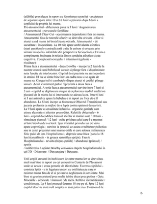 (afabila) prevaleaza in raport cu identitatea tutorelui - anxietatea
de separare apare intre 10 si 16 luni la privarea dupa 6 luni a
copilului de propria lui mama.
Pre-atasamentul - difuziunea pana la 3 luni / Augmentarea
atasamentului - persoanele familiare
/ Atasamentul Clear-Cut - accentuarea dependentei fata de mama.
Atasamentul fata de tutorele afectiv se dezvolta oricum - chiar si
atunci cand mama isi brutalizeaza odrasla. Atasamentul - de
securitate / insecuritate. La 10 zile apare ambivalenta afectiva
(stari emotionale contradictorii traite la unison si evocate prin
urmare in aceeasi identitate din perspectiva breviocrona). Exista o
complezenta insinuata in relatia dintre conduita afectiva si cea
cognitiva. Complexul sevrajului / intruziunii (gelozie -
rivalitate).
Prima faza a atasamentului - dupa Bowlby - incepe la 2 luni de la
nastere atunci cand bebelusul surade si plange fara o discriminare
neta functie de interlocutor. Copilul desi prezinta nu are incredere
in straini. El nu se simte bine intr-un cadru nou si se agata de
mama sa. Ganguritul si zambetele dispar atunci si copilul plange
uneori. Acest eveniment psihic reprezinta a doua faza a
atasamentului. A treia faza a atasamentului survine intre 7 luni si
3 ani - copilul se deplaseaza singur si exploreaza mediul amfitrion
plecand de la mama lui si intorcandu-se adesea la ea. Intre 6 luni
si 3 ani astmul ce apare la bebelus e in raport cu frica de-a fi
abandonat. La 8 luni incepe sa foloseasca Obiectul Tranzitional sau
jucaria preferata ca mijloc de-a lupta contra spaimei despartirii.
La 9 luni apare o sexualitate infantila - organele genitale sunt
atinse aleatoriu si ulterior premeditat. Relatiile obiectuale - 6
luni - copilul decodifica tonusul afectiv al mamei sale / 10 luni -
simuleaza plansul / 12 luni - evita privirea celui care l-a mustrat
si bate locul unde s-a lovit. Spre sfarsitul primului an de viata
apare coprofagia - survine la pruncul ce acuza o tulburare psihotica
sau in cazul prezentei unei mame ostile si care adesea maltrateaza
fizic puiul de om. Hospitalismul - depresie anaclitica (pana la 18
luni) (anaklinein - in greaca semnifica sprijin). Fazele
Hospitalismului - revolta (hipno-patiile) / abandonul (plansul) /
apatia
/ indiferenta. Lapidar Bowlby convoaca etapele hospitalismului in
cei 3D - Disperare / Descurajare / Detasare.

Unii copiii crescuti in inchisoare de catre mama lor se dezvoltau
mult mai bine in raport cu cei crescuti in Centrele de Plasament
unde se acuza o crasa penurie de afectivitate. Eczema copilului -
constata Spitz - e in legatura uneori cu ostilitatea pe care o
resimte mama fata de el si pe care o deghizeaza in anxietate. Mai
bine sa gresim aratand prea multa iubire decat prea putina - Getz.
Miscarile - cervicale / manuale / de mers. Reflexe inconditionate /
conditionate. La 4 luni pruncul doarme 18 ore pe zi. Spre 12 luni
copilul doarme mai mult noaptea si mai putin ziua. Hormonul de
                                                                       16
 