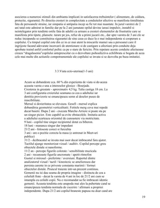 asocierea a numerosi stimuli din ambianta implicati in satisfacerea trebuintelor ( alimentare, de caldura,
protectie, siguranta). Pe directia cresteri in complexitate a conduitelor afective se manifesta timiditatea
fata de persoanele straine, iar simpatia si antipatia incep sa fie tot mai nuantate. In jurul varstrei de 2
ani tatal este admirat in familie dar pe la 2 ani jumatate opilul devine iarasi impulsiv, instabil si
neintelegator prin tendinte ostile fata de adultii ca urmare a cresteri elementelor de frustratiie care se
manifesta prin tipete, plansete. tarare pe jos, refuz de a primi jucarii etc., dar spre varstra de 3 ani ele se
reduc incepandu se constituirea sigurantei de sine ceea ce duce la o mai independenta si cooperare a
copilului. Cu timpul copilul este din ce in ce mai atent la miscarile mamei sau a persoanei care il
ingrijeste facand adevarate incercarii de atentionare si de castigare a afectiuni prin conduite deja
aprobate traind astfel confortul psihic ca pe o stare de fericire. Prin repetare aceste conduite afectuoase
creaza “dragalasenia”copilului anteprescolar cu o dezvoltare psihoafectiva echilibrata si bogata de acea
cele mai multe din actiunile compotramentale ale copilului se invata si se dezvolta pe baza imitatiei.



                                  3.3.Viata ecto-uterina(1-3 ani)


        Acum se dobandeste cca. 60 % din experienta de viata si de-aceea
        aceasta varsta e una a intereselor glosice - Bourjade.
        Cresterea in greutate - aproximativ 4,5 kg. Talia castiga 18 cm. La
        3 ani configuratia creierului seamana cu cea a adultului iar
        dentitia provizorie se emancipeaza semn al deselor pusee de
        irascibilitate.
        Mersul si dexteritatea se eleveaza. Gesell - mersul explica
        dobandirea geometriei verticalitatii. Fetitele merg ceva mai repede
        decat baietii. Dupa 2 ani - executa Marche-Arriere si poate sta pe
        un singur picior. Este capabil sa evite obstacolele. Imitatia activa
        a adultului ecarteaza orizontul de cunoastere via motricitate.
        9 luni - copilul tine singur recipientul dotat cu biberon.
        18 luni - mananca singur dar impedant
        21/2 ani - foloseste corect si furculita
        3 ani - are o pozitie corecta la masa (e antrenat in Meet-uri
        publice)
        31/2 - dezbracatul se invata mai usor decat imbracatul fara ajutor.
        Tactilul ajunge monitorizat vizual / auditiv. Copilul percepe greu
        obiectele distale si nanoforme.
        11/2 an - percepe figurile colorate / sensibilitate muzicala
        2 ani - recunoaste figurile ancromate / apetit ritmofon
        Gustul si mirosul - preferinte / aversiuni. Raportul dintre
        analizatorul vizual / tactil / kinestezic se amelioreaza dar
        persista carente in ce priveste constanta marimii / formei
        obiectelor distale. Pruncul traieste intr-un prezent continuu.
        Gemenii nu isi dau seama de propria imagine - distincta de cea a
        celuilalt frate - decat la varsta de 4 ani in loc de 21/2 ani cum se
        intampla cu ceilalti copii. Nu e recomandat sa fie imbracati identic
        gemenii. Aceasta tendinta este anapoda mai ales la pubertate cand se
        emancipeaza tendinta normala de cucerire / afirmare a propriei
        independente. Dupa 21/2 ani copilul hraneste papusa nu doar cand are
                                                                                                            19
 