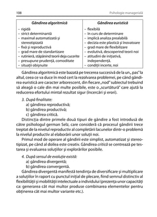 108

Psihologie managerială

Gândirea algoritmică
– rigidă
– strict determinantă
– maximal automatizată şi
stereotipizată
– ﬁxă şi reproductivă
– grad mare de standartizare
– rutinieră, stăpânind teorii deja cucerite
– presupune prudenţă, comoditate
– situaţii obişnuite

Gândirea euristică
–
–
–
–
–
–
–

ﬂexibilă
în curs de determinare
implică analiza prealabilă
decizia este plastică şi înovatoare
grad mare de ﬂexibilizare
evolutivă, descoperind teorii noi
atitudini de iniţiativă,
independenţă.
– condiţii incerte, noi

Gândirea algoritmică este bazată pe trecerea succesivă de la un „ pas” la
altul, ceea ce va duce în mod cert la rezolvarea problemei, pe când gândirea euristică are caracter arborescent, din ﬁecare „nod” subiectul trebuind
să aleagă o cale din mai multe posibile, este o „scurtătură” care ajută la
reducerea efortului mintal rezultat sigur (încercări şi erori).
3. După ﬁnalitate:
a) gândirea reproductivă;
b) gândirea productivă;
c) gândirea critică.
Distincţia dintre primele două tipuri de gândire a fost introdusă de
către psihologul german Selz, care consideră că procesul gândirii trece
treptat de la nivelul reproductiv al completării lacunelor dintr-o problemă
la nivelul productiv al elaborării unor soluţii noi.
Primul mod de operare al gândirii este simplist, automatizat şi stereotipizat, pe când al doilea este creativ. Gândirea critică se centrează pe testarea şi evaluarea soluţiilor şi explorărilor posibile.
4. După sensul de evoluţie există:
a) gândirea divergentă;
b) gândirea convergentă.
Gândirea divergentă manifestă tendinţa de diversiﬁcare şi multiplicare
a soluţiilor în raport cu punctul iniţial de plecare, ﬁind semnul distinctiv al
ﬂexibilităţii şi mobilităţii intelectuale a individului (prezenţa unor capacităţi
ca: generarea cât mai multor produse combinarea elementelor pentru
obţinerea cât mai multor variante etc.).

 