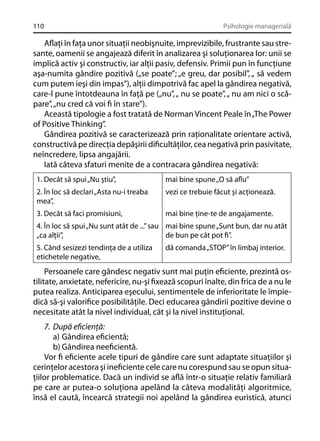 110

Psihologie managerială

Aﬂaţi în faţa unor situaţii neobişnuite, imprevizibile, frustrante sau stresante, oamenii se angajează diferit în analizarea şi soluţionarea lor: unii se
implică activ şi constructiv, iar alţii pasiv, defensiv. Primii pun în funcţiune
aşa-numita gândire pozitivă („se poate”; „e greu, dar posibil”, „ să vedem
cum putem ieşi din impas”), alţii dimpotrivă fac apel la gândirea negativă,
care-l pune întotdeauna în faţă pe („nu”, „ nu se poate”, „ nu am nici o scăpare”, „nu cred că voi ﬁ în stare”).
Această tipologie a fost tratată de Norman Vincent Peale în „The Power
of Positive Thinking”.
Gândirea pozitivă se caracterizează prin raţionalitate orientare activă,
constructivă pe direcţia depăşirii diﬁcultăţilor, cea negativă prin pasivitate,
neîncredere, lipsa angajării.
Iată câteva sfaturi menite de a contracara gândirea negativă:
1. Decât să spui „Nu ştiu”,

mai bine spune „O să aﬂu”

2. În loc să declari „Asta nu-i treaba
mea”,

vezi ce trebuie făcut şi acţionează.

3. Decât să faci promisiuni,

mai bine ţine-te de angajamente.

4. În loc să spui „Nu sunt atât de ...” sau mai bine spune „Sunt bun, dar nu atât
„ca alţii”,
de bun pe cât pot ﬁ”.
5. Când sesizezi tendinţa de a utiliza
etichetele negative,

dă comanda „STOP” în limbaj interior.

Persoanele care gândesc negativ sunt mai puţin eﬁciente, prezintă ostilitate, anxietate, nefericire, nu-şi ﬁxează scopuri înalte, din frica de a nu le
putea realiza. Anticiparea eşecului, sentimentele de inferioritate le împiedică să-şi valoriﬁce posibilităţile. Deci educarea gândirii pozitive devine o
necesitate atât la nivel individual, cât şi la nivel instituţional.
7. După eﬁcienţă:
a) Gândirea eﬁcientă;
b) Gândirea neeﬁcientă.
Vor ﬁ eﬁciente acele tipuri de gândire care sunt adaptate situaţiilor şi
cerinţelor acestora şi ineﬁciente cele care nu corespund sau se opun situaţiilor problematice. Dacă un individ se aﬂă într-o situaţie relativ familiară
pe care ar putea-o soluţiona apelând la câteva modalităţi algoritmice,
însă el caută, încearcă strategii noi apelând la gândirea euristică, atunci

 