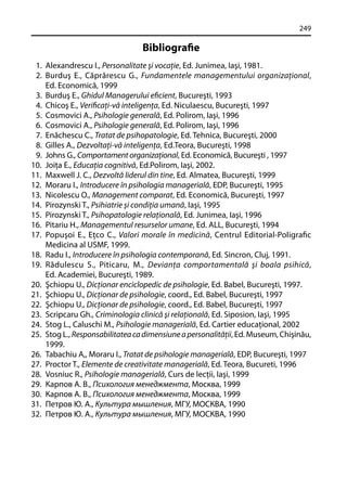249

Bibliograﬁe
1. Alexandrescu I., Personalitate şi vocaţie, Ed. Junimea, Iaşi, 1981.
2. Burduş E., Căprărescu G., Fundamentele managementului organizaţional,
Ed. Economică, 1999
3. Burduş E., Ghidul Managerului eﬁcient, Bucureşti, 1993
4. Chicoş E., Veriﬁcaţi-vă inteligenţa, Ed. Niculaescu, Bucureşti, 1997
5. Cosmovici A., Psihologie generală, Ed. Polirom, Iaşi, 1996
6. Cosmovici A., Psihologie generală, Ed. Polirom, Iaşi, 1996
7. Enăchescu C., Tratat de psihopatologie, Ed. Tehnica, Bucureşti, 2000
8. Gilles A., Dezvoltaţi-vă inteligenţa, Ed.Teora, Bucureşti, 1998
9. Johns G., Comportament organizaţional, Ed. Economică, Bucureşti , 1997
10. Joiţa E., Educaţia cognitivă, Ed.Polirom, Iaşi, 2002.
11. Maxwell J. C., Dezvoltă liderul din tine, Ed. Almatea, Bucureşti, 1999
12. Moraru I., Introducere în psihologia managerială, EDP, Bucureşti, 1995
13. Nicolescu O., Management comparat, Ed. Economică, Bucureşti, 1997
14. Pirozуnski T., Psihiatrie şi condiţia umană, Iaşi, 1995
15. Pirozуnski T., Psihopatologie relaţională, Ed. Junimea, Iaşi, 1996
16. Pitariu H., Managementul resurselor umane, Ed. ALL, Bucureşti, 1994
17. Popuşoi E., Eţco C., Valori morale în medicină, Centrul Editorial-Poligraﬁc
Medicina al USMF, 1999.
18. Radu I., Introducere în psihologia contemporană, Ed. Sincron, Cluj, 1991.
19. Rădulescu S., Piticaru, M., Devianţa comportamentală şi boala psihică,
Ed. Academiei, Bucureşti, 1989.
20. Şchiopu U., Dicţionar enciclopedic de psihologie, Ed. Babel, Bucureşti, 1997.
21. Şchiopu U., Dicţionar de psihologie, coord., Ed. Babel, Bucureşti, 1997
22. Şchiopu U., Dicţionar de psihologie, coord., Ed. Babel, Bucureşti, 1997
23. Scripcaru Gh., Criminologia clinică şi relaţională, Ed. Siposion, Iaşi, 1995
24. Stog L., Caluschi M., Psihologie managerială, Ed. Cartier educaţional, 2002
25. Stog L., Responsabilitatea ca dimensiune a personalităţii, Ed. Museum, Chişinău,
1999.
26. Tabachiu A,, Moraru I., Tratat de psihologie managerială, EDP, Bucureşti, 1997
27. Proctor T., Elemente de creativitate managerială, Ed. Teora, Bucureti, 1996
28. Vosniuc R., Psihologie managerială, Curs de lecţii, Iaşi, 1999
29. Карпов А. В., Психология менеджмента, Москва, 1999
30. Карпов А. В., Психология менеджмента, Москва, 1999
31. Петров Ю. А., Культура мышления, МГУ, МОСКВА, 1990
32. Петров Ю. А., Культура мышления, МГУ, МОСКВА, 1990

 
