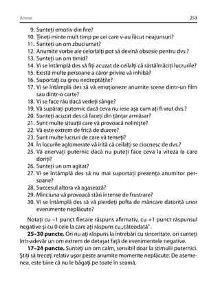 Anexe

9.
10.
11.
12.
13.
14.
15.
16.
17.
18.
19.
20.
21.
22.
23.
24.
25.
26.
27.
28.
29.
30.

253

Sunteţi emotiv din ﬁre?
Ţineţi minte mult timp pe cei care v-au făcut neajunsuri?
Sunteţi un om zbuciumat?
Anumite vorbe ale celorlalţi pot să devină obsesie pentru dvs.?
Sunteţi un om timid?
Vi se întâmplă des să ﬁţi acuzat de ceilalţi că răstălmăciţi lucrurile?
Există multe persoane a căror privire vă inhibă?
Suportaţi cu greu nedreptăţile?
Vi se întâmplă des să vă emoţioneze anumite scene dintr-un ﬁlm
sau dintr-o carte?
Vi se face rău dacă vedeţi sânge?
Vă supăraţi puternic dacă ceva nu iese aşa cum aţi ﬁ vrut dvs.?
Sunteţi acuzat des că faceţi din ţânţar armăsar?
Sunt multe situaţii care vă provoacă nelinişte?
Vă este extrem de frică de durere?
Sunt multe lucruri de care vă temeţi?
În locurile aglomerate vă irită că ceilalţi se ciocnesc de dvs.?
Vă enervaţi puternic dacă nu puteţi face ceva la viteza la care
doriţi?
Sunteţi un om agitat?
Vi se întâmplă des să nu mai suportaţi prezenţa anumitor persoane?
Succesul altora vă agasează?
Minciuna vă provoacă stări intense de frustrare?
Vi se întâmplă des să vă pierdeţi pofta de mâncare datorită unor
evenimente neplăcute?

Notaţi cu –1 punct ﬁecare răspuns aﬁrmativ, cu +1 punct răspunsul
negative şi cu 0 cele la care aţi răspuns cu „câteodată” .
25–30 puncte. Ori nu aţi răspuns la întrebări cu sinceritate, ori sunteţi
într-adevăr un om extrem de detaşat faţă de evenimentele negative.
17–24 puncte. Sunteţi un om calm, sensibil doar la stimulii puternici.
Ştiţi să treceţi relativ uşor peste anumite momente neplăcute. De asemenea, este bine că nu le băgaţi pe toate în seamă.

 