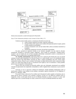 60
Schema intercomunicării ca model informa ional (R. Mucchielli)
(Sursa: P. Golu, Fundamentele psihologiei sociale, Constan a, Ex Ponto, 2000, p. 171)
Conform acestui model, pentru o comunicare eficientă este nevoie de:
coduri comune (repertorii de semne, reguli de codificare);
mesajul trebuie să fie expresia unei noută i informa ionale pentru receptor, pentru
a reduce gradul de incertitudine;
costurile comunicării să fie cât mai reduse fără a afecta acurate ea transmisiei şi
receptării;
sistemul de comunicare să reziste cât mai bine la perturba ii.
Se pune accentul pe aspectele formale şi pe structura mesajelor (nu este luată în discu ie
semnifica ie mesajelor şi procesele psihice implicate). Acest model al comunicării “emi ător-mesaj-
receptor”, este un model care are la bază concep ia echivalen ei comunicării sociale cu transmiterea de
informa ii. Este un model liniar, de inspira ie behavioristă.
4.2. Teoriile constructiviste. Când Serge Moscovici a înlocuit grila binară prin care era privită
realitatea socială, grilă moştenită de la filosofia clasică, cu o grilă ternară, care ia în considera ie rela ia
dintre trei termeni: Ego-Alter-Obiect, prezen a lui Alter a sugerat posibilitatea unei alte viziuni asupra
comunicării sociale, viziune în care s-ar putea vorbi despre un spa iu interlocutoriu unde se plasează un Ego
/ Alter şi un Alter/ Ego lega i de mize ce circumscriu acest spa iu şi care co-construiesc o lume posibilă,
printr-un joc de negociere contractualizată.
Aceste teorii pun accentul pe procesele psihice prin care informa ia structurează sau modifică
sistemle de reprezentare ale receptorului, instaurându-se astfel o legătură între comunicare şi reprezentările
sociale.
Concepte cu care se operează: contract de comunicare, situa ie poten ial comunicativă, intra- şi
interlocutori, validare, cvasi-validare şi non-validare a mesajului, ruperea comunicării (cf. R. Ghiglione, C.
Bonnet, J.-F. Richard,, 1990).
În această viziune, subiectul ar fi un subiect activ din punct de vedere cognitiv şi structurat, care se
mişcă într-un univers construit şi de construit; realitatea socială ar fi un hibrid de realitate fizică şi
imaginară; rela ia socială poate deveni un joc de influen e dinamice şi statice; sistemele de semne sunt
mijloace prin care se creează mesaje iar rela ia comunicativă, un joc de influen ă dinamică sau statică
 