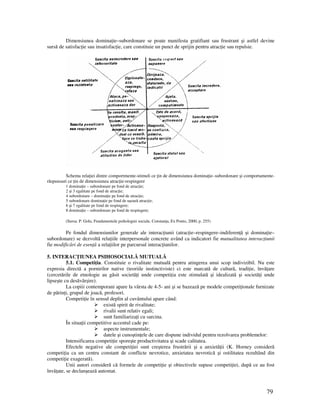 79
Dimensiunea domina ie–subordonare se poate manifesta gratifiant sau frustrant şi astfel devine
sursă de satisfac ie sau insatisfac ie, care constituie un punct de sprijin pentru atrac ie sau repulsie.
Schema rela iei dintre comportmente-stimuli ce in de dimensiunea domina ie–subordonare şi comportamente-
răspunsuri ce in de dimensiunea atrac ie-respingere
1 domina ie – subordonare pe fond de atrac ie;
2 şi 3 egalitate pe fond de atrac ie;
4 subordonare – domina ie pe fond de atrac ie;
5 subordonare domina ie pe fond de uşoară atrac ie;
6 şi 7 egalitate pe fond de respingere;
8 domina ie – subordonare pe fond de respingere;
(Sursa: P. Golu, Fundamentele psihologiei sociale, Constan a, Ex Ponto, 2000, p. 255)
Pe fondul dimensiunilor generale ale interac iunii (atrac ie–respingere–indiferen ă şi domina ie–
subordonare) se dezvoltă rela iile interpersonale concrete având ca indicatori fie mutualitatea interac iunii
fie modificări de esen ă a rela iilor pe parcursul interac iunilor.
5. INTERAC IUNEA PSIHOSOCIALĂ MUTUALĂ
5.1. Competi ia. Constituie o rivalitate mutuală pentru atingerea unui scop indivizibil. Nu este
expresia directă a pornirilor native (teoriile instinctiviste) ci este marcată de cultură, tradi ie, învă are
(cercetările de etnologie au găsit societă i unde competi ia este stimulată şi idealizată şi societă i unde
lipseşte cu desăvârşire).
La copiii contemporani apare la vârsta de 4-5- ani şi se bazează pe modele competi ionale furnizate
de părin i, grupul de joacă, profesori.
Competi ie în sensul deplin al cuvântului apare când:
există spirit de rivalitate;
rivalii sunt relativ egali;
sunt familiariza i cu sarcina.
În situa ii competitive accentul cade pe:
aspecte instrumentale;
datele şi cunoştin ele de care dispune individul pentru rezolvarea problemelor:
Intensificarea competi ie sporeşte productivitatea şi scade calitatea.
Efectele negative ale competi iei sunt creşterea frustrării şi a anxietă ii (K. Horney consideră
competi ia ca un centru constant de conflicte nevrotice, anxietatea nevrotică şi ostilitatea rezultând din
competi ie exagerată).
Unii autori consideră că formele de competi ie şi obiectivele supuse competi iei, după ce au fost
învă ate, se declanşează automat.
 