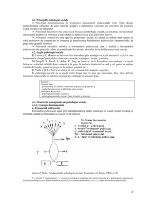 8
4.1. Principiile psihologiei sociale
Principiul determinismului în explicarea fenomenelor psihosociale. Este vorba despre
particularitã ile reflectãrii de cãtre indivizi (grupuri) a influen elor constante sau periodice ale mediului
social apropiat sau îndepãrtat.
Principiul dezvoltãrii este concretizat în teza cã psihologia socială, ca fenomen, este rezultatul
interac iunii ierarhice şi evolutive a individului cu mediul social şi al indivizilor între ei.
Principiul comunicãrii este specific psihologiei sociale. El afirmã cã trebuie inut seama de
rolul proceselor de comunicare în formarea şi manifestarea fenomenelor psihosociale interpersonale, de
grup, inter-grupale, de masã.
Principiul abordãrii valorice a fenomenelor psihosociale cere o analizã a fenomenelor
psihosociale din punct de vedere al semnifica iei lor sociale, al rolului lor în desfãşurarea vie ii sociale.
4.2. Legile psihologiei sociale
K. Lewin şi J. Moreno au încercat sã le formuleze prin analogie cu legile mecanicii şi fizicii care
func ionau în câmpul particulelor elementare: atrac ie, respingere, iner ie, gravita ie.
McDougall, S. Freud, A. Adler, C. Jung au încercat sã le formuleze prin analogie cu legile
biologice, reducând rela iile dintre oameni şi în grup, la instincte (instinctul sexual şi cel patern ar sus ine
rela iile de familie, instinctul gregar ar da naştere grupului etc.).
G. Tarde şi G. Le Bon le-au cãutat în sfera comunicãrii, imita iei, sugestiei.
În psihologia socialã nu se poate vorbi despre legi în sens pur matematic. Dar, între diferite
fenomene psihosociale se stabilesc asocia ii şi combina ii cu caracter legic.
Exemple:
Asocia ii între:
- particularitã i de conduitã, sentimente, dispozi ii ale grupurilor şi
- modul de reprezentare al diferitelor valori sociale.
sau legãturi legice între:
- psihologia genera iilor actuale şi
- psihologia genera iilor trecute, fixată în tradi ii şi obiceiuri.
4.3. Structurile conceptuale ale psihologiei sociale
4.3.1. Concepte fundamentale
a) Fenomenul psihosocial.
Fenomenul psihosocial apare prin întrepãtrunderea dintre psihologic şi social, fiecare trecând pe
teritoriul celuilalt şi fuzionând cu el la un nivel superior.
(sursa: P. Golu, Fundamentele psihologiei sociale, Constan a, Ex Ponto, 2000, p.13)
S = socialul, P = psihologicul, s1
= socialul contaminat de psihologic (un social umanizat), p1
= psihologicul contaminat de
social (un psihologic care s-a lãsat modelat de social), Fps = fenomen psihosocial, a, b, c...n = tipuri de fenomene psihosociale
 