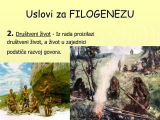 Uslovi za FILOGENEZU
2.

Društveni život - Iz rada proizilazi

društveni život, a život u zajednici
podstiče razvoj govora.

 