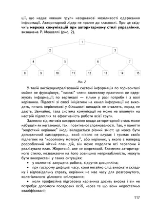 öi¿, ùî íàäàº ÷ëåíàì ãðóïè íåîäíàêîâi ìîæëèâîñòi îäåðæàííÿ
iíôîðìàöi¿. Àâòîðèòàðíèé ëiäåð íå ïðàãíå äî ãëàñíîñòi. Ïðî öå ñâiä-
÷èòü ìåðåæà êîìóíiêàöié ïðè àâòîðèòàðíîìó ñòèëi óïðàâëiííÿ,
âèçíà÷åíà Ð. Ìþøåëëi (ðèñ. 2).




   Ó òàêié âèñîêîöåíòðàëiçîâàíié ñèñòåìi iíôîðìàöiÿ ïî ãîðèçîíòàëi
ìàéæå íå ôóíêöiîíóº, “íèçîâi” ÷ëåíè êîëåêòèâó ïðàêòè÷íî íå îäåð-
æóþòü iíôîðìàöi¿; ïî âåðòèêàëi — òiëüêè ó ðàçi ïîòðåáè i ç âîëi
êåðiâíèêà. Ïiäëåãëi ç³ ñâîº¿ iíiöiàòèâè íà êàíàë iíôîðìàöi¿ íå âèõî-
äÿòü, ïèòàíü êåðiâíèêîâ³ ó áiëüøîñòi âèïàäêiâ íå ñòàâëÿòü, ïîðàä íå
äàþòü. Çâè÷àéíî, òàêà ñèñòåìà êîìóíiêàöi¿ íå ìîæå íå âïëèíóòè íà
íàñòðié ïiäëåãëèõ òà åôåêòèâíiñòü ðîáîòè âñiº¿ ãðóïè.
   Çàëåæíî âiä ìîòèâiâ âèêîðèñòàííÿ âëàäè àâòîðèòàðíèé ñòèëü ìîæå
íàáóâàòè ÿê íåãàòèâíî¿, òàê i ïîçèòèâíî¿ ñïðÿìîâàíîñò³. Òàê, ó ïîíÿòòÿ
“æîðñòêèé êåðiâíèê” iíîäi âêëàäàºòüñÿ ðiçíèé çìiñò: öå ìîæå áóòè
äîãìàòè÷íèé ñàìîäåðæåöü, ÿêèé íiêîãî íå ñëóõàº i òðèìàº ñâî¿õ
ïiäëåãëèõ íà “êîðîòêîìó ìîòóçêó”, àáî êåð³âíèê, ó ÿêîãî º íàïåðåä
ðîçðîáëåíèé ÷³òêèé ïëàí ä³é, â³í ìîæå ïîäîëàòè âñi ïåðåïîíè é
ðåàëiçóâàòè ïëàí. Æîðñòêèé, àëå íå æîðñòîêèé. Åëåìåíòè àâòîðèòàð-
íîãî ñòèëþ, íåçâàæàþ÷è íà éîãî çîâí³øíþ íåïðèâàáëèâiñòü, ìîæóòü
áóòè âèêîðèñòàíi ó òàêèõ ñèòóàö³ÿõ:
   • ó êîëåêòèâi çàïóùåíà ðîáîòà, âiäñóòíÿ äèñöèïëiíà;
   • ïðè ãîñòðîìó äåôiöèòi ÷àñó, êîëè íåãàéíî ñëiä âèêîíàòè ñêëàä-
íó i âiäïîâiäàëüíó ñïðàâó, êåðiâíèê íå ìàº ÷àñó äëÿ ðîçãîðíóòîãî,
êîëåãiàëüíîãî äiëîâîãî ñïiëêóâàííÿ;
   • êîëè ïðîôåñiéíà ï³äãîòîâêà êåð³âíèêà äîñèòü âèñîêà ³ â³í íå
ïîòðåáóº äîïîìîãè ïîñàäîâèõ îñiá, ÷åðåç òå ùî âîíè íåäîñòàòíüî
êâàëiôiêîâàí³;
                                                                  117
 