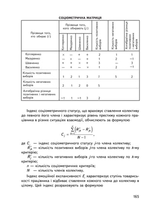 ²íäåêñ ñîöiîìåòðè÷íîãî ñòàòóñó, ùî âðàõîâóº ñòàâëåííÿ êîëåêòèâó
äî ïåâíîãî éîãî ÷ëåíà ³ õàðàêòåðèçóº ð³âåíü ïðåñòèæó êîæíîãî ïðà-
ö³âíèêà â ðiçíèõ ñèòóàöiÿõ âçàºìîäi¿, îá÷èñëþþòü çà ôîðìóëîþ

                                  (          )
                              n
                                 +      −
                             ∑ R jk − R jk
                             k =
                      Cj =                       ,
                                      N −
äå Ñj — iíäåêñ ñîöiîìåòðè÷íîãî ñòàòóñó j-ãî ÷ëåíà êîëåêòèâó;
      +
   R jk — ê³ëüê³ñòü ïîçèòèâíèõ âèáîðiâ j-ãî ÷ëåíà êîëåêòèâó ïî k-ìó
êðèòåð³þ;
    Rj− — ê³ëüê³ñòü íåãàòèâíèõ âèáîðiâ j-ãî ÷ëåíà êîëåêòèâó ïî k-ìó
êðèòåð³þ;
   n — ê³ëüê³ñòü ñîö³îìåòðè÷íèõ êðèòåð³¿â;
   N — ê³ëüê³ñòü ÷ëåíiâ êîëåêòèâó.
   ²íäåêñ åìîöiéíî¿ åêñïàíñèâíîñòi Åi õàðàêòåðèçóº ñòóïiíü òîâàðèñü-
êîñò³ ïðàö³âíèêà i âiäáèâàº ñòàâëåííÿ êîæíîãî ÷ëåíà äî êîëåêòèâó â
öiëîìó. Öåé ³íäåêñ ðîçðàõîâóþòü çà ôîðìóëîþ

                                                                165
 
