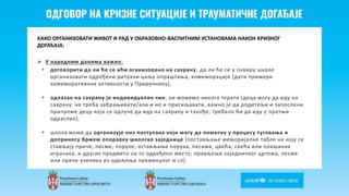Odgovor na krizne situacije i
traumaticne dogadjaje
КАКО ОРГАНИЗОВАТИ ЖИВОТ И РАД У ОБРАЗОВНО-ВАСПИТНИМ УСТАНОВАМА НАКОН КРИЗНОГ
ДОГАЂАЈА:
 У наредним данима важно:
• договорити да ли ће се ићи оганизовано на сахрану, да ли ће се у оквиру школе
организовати одређени ритуали циљу опраштања, комеморације (дати примери
комеморативних активности у Приручнику),
• одлазак на сахрану је индивидуалан чин, не можемо никога терати (деца могу да иду на
сахрану, не треба забрањивати/али и не и присиљавати, важно је да родитељи и запослени
припреме децу која се одлуче да иду на сахрану и такође, требало би да иду у пратњи
одраслих),
• школа може да организује низ поступака који могу да помогну у процесу туговања и
допринесу бржем опоравку школске заједнице (постављање меморијалне табле на коју се
стављају приче, песме, поруке; остављање порука, песама, цвећа, свећа или плишаних
играчака, и других предмета на то одређено место; прављење заједничког цртежа, песме
или приче ученика из одељења преминулог и сл).
 