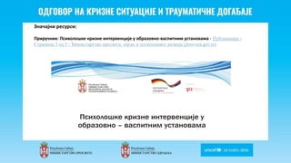 Odgovor na krizne situacije i
traumaticne dogadjaje
Значајни ресурси:
Приручник: Психолошке кризне интервенције у образовно-васпитним установама - Публикације -
Страница 3 од 5 - Министарство просвете, науке и технолошког развоја (prosveta.gov.rs)
 