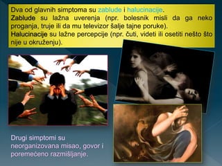 Dva od glavnih simptoma su zablude i halucinacije.
Zablude su lažna uverenja (npr. bolesnik misli da ga neko
proganja, truje ili da mu televizor šalje tajne poruke).
Halucinacije su lažne percepcije (npr. čuti, videti ili osetiti nešto što
nije u okruženju).
Drugi simptomi su
neorganizovana misao, govor i
poremećeno razmišljanje.
 