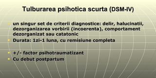 Tulburarea psihotica scurta ( DSM-IV) un singur set de criterii diagnostice: delir, halucinatii, dezorganizarea vorbirii (incoerenta), comportament dezorganizat sau catatonic Durata: 1zi-1 luna, cu remisiune completa +/- factor psihotraumatizant Cu debut postpartum  