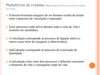 PERSPETIVA DE FLEMING (PROCESSO DE VINCULAÇÃO AO LONGO
DA VIDA)



O desenvolvimento psíquico do ser humano resulta da tensão
entre o processo de vinculação e separação .



Estes processos estão ativos durante todo o ciclo de vida e
ocorrem em simultâneo.



A vinculação corresponde ao processo de ligação afetiva a
outros como meio de assegurar a sobrevivência.



Individuação corresponde ao processo de construção da
identidade.



A articulação entre estes dois processos é diferente consoante
o momento de vida e consequente etapa de vida.

 