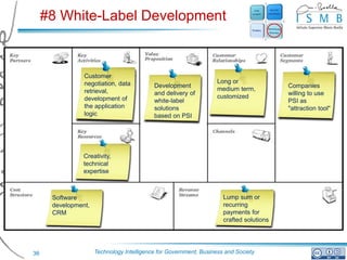 #8 White-Label Development


                Customer
                negotiation, data                                  Long or
                                           Development                                   Companies
                retrieval,                                         medium term,
                                           and delivery of                               willing to use
                development of                                     customized
                                           white-label                                   PSI as
                the application            solutions                                     "attraction tool"
                logic                      based on PSI




                Creativity,
                technical
                expertise



      Software                                                       Lump sum or
      development,                                                   recurring
      CRM                                                            payments for
                                                                     crafted solutions




36                   Technology Intelligence for Government, Business and Society
 