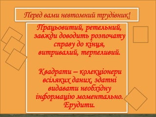 Працьовитий, ретельний,
завжди доводить розпочату
справу до кінця,
витривалий, терпеливий.
Квадрати – колекціонери
всіляких даних, здатні
видавати необхідну
інформацію моментально.
Ерудити.
 