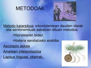 METODOAK Metodo katarsikoa : inkontzientean dauden ideiak eta sentimenduak askatzen dituen metodoa. -Hipnosiaren bidez -Histeria sendatzeko erabilia Asoziazio askea Ametsen interpretazioa Lapsus linguae, okerrak,  