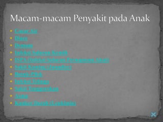  Cacar Air
 Diare
 Demam
 Infeksi Saluran Kemih
 ISPA (Infeksi Saluran Pernapasan Akut)
 Sakit Kuning (Jaundice)
 Batuk-Pilek
 Infeksi Telinga
 Sakit Tenggorokan
 Asma
 Kanker Darah (Leukimia)
 