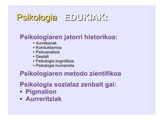 Psikologia EDUKIAK:

Psikologiaren jatorri historikoa:
    ●   Aurrekariak
    ●   Konduktismoa
    ●   Psikoanalisia
    ●   Gestalt
    ●   Psikologia kognitiboa
    ●   Psikologia humanista

Psikologiaren metodo zientifikoa
Psikologia sozialaz zenbait gai:
● Pigmalion

● Aurreritziak
 