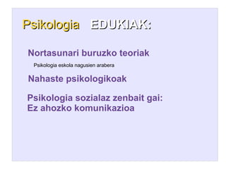 Psikologia EDUKIAK:

Nortasunari buruzko teoriak
 Psikologia eskola nagusien arabera

Nahaste psikologikoak

Psikologia sozialaz zenbait gai:
Ez ahozko komunikazioa
 