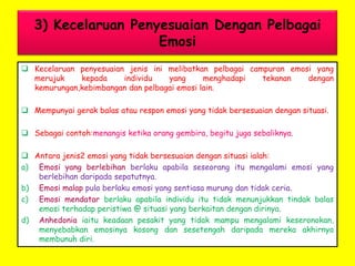 3) Kecelaruan Penyesuaian Dengan Pelbagai
Emosi
 Kecelaruan penyesuaian jenis ini melibatkan pelbagai campuran emosi yang
merujuk
kepada
individu
yang
menghadapi
tekanan
dengan
kemurungan,kebimbangan dan pelbagai emosi lain.
 Mempunyai gerak balas atau respon emosi yang tidak bersesuaian dengan situasi.
 Sebagai contoh:menangis ketika orang gembira, begitu juga sebaliknya.
 Antara jenis2 emosi yang tidak bersesuaian dengan situasi ialah:
a) Emosi yang berlebihan berlaku apabila seseorang itu mengalami emosi yang
berlebihan daripada sepatutnya.
b) Emosi malap pula berlaku emosi yang sentiasa murung dan tidak ceria.
c) Emosi mendatar berlaku apabila individu itu tidak menunjukkan tindak balas
emosi terhadap peristiwa @ situasi yang berkaitan dengan dirinya.
d) Anhedonia iaitu keadaan pesakit yang tidak mampu mengalami keseronokan,
menyebabkan emosinya kosong dan sesetengah daripada mereka akhirnya
membunuh diri.

 
