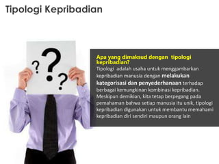 Tipologi Kepribadian

Apa yang dimaksud dengan tipologi
kepribadian?
Tipologi adalah usaha untuk menggambarkan
kepribadian manusia dengan melakukan
kategorisasi dan penyederhanaan terhadap
berbagai kemungkinan kombinasi kepribadian.
Meskipun demikian, kita tetap berpegang pada
pemahaman bahwa setiap manusia itu unik, tipologi
kepribadian digunakan untuk membantu memahami
kepribadian diri sendiri maupun orang lain

 