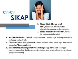 Ciri-Ciri

SIKAP
1. Sikap tidak dibawa sejak
lahir, melainkan dibentuk atau
dipelajari sepanjang perkembangan.
2. Sikap dapat berubah-ubah, karena
itu sikap dapat dipelajari.

3. Sikap tidak berdiri sendiri, tetapi senantiasa mempunyai hubungan tertentu
terhadap suatu obyek.
4. Obyek sikap itu merupakan satu obyek tertentu tetapi dapat juga merupakan
kumpulan/ banyak obyek.
5. Sikap mempunyai segi motivasi dan segi-segi perasaan, sehingga
membedakan sikap dari kecakapan-kecakapan atau pengetahuan-pengetahuan
yang dimiliki orang.

 