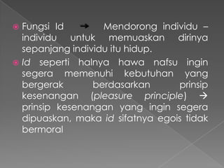 Fungsi Id
Mendorong individu –
individu untuk memuaskan dirinya
sepanjang individu itu hidup.
 Id seperti halnya hawa nafsu ingin
segera memenuhi kebutuhan yang
bergerak
berdasarkan
prinsip
kesenangan (pleasure principle) 
prinsip kesenangan yang ingin segera
dipuaskan, maka id sifatnya egois tidak
bermoral


 