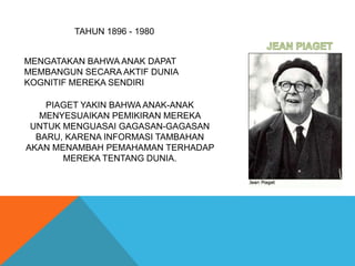 TAHUN 1896 - 1980 
MENGATAKAN BAHWA ANAK DAPAT 
MEMBANGUN SECARA AKTIF DUNIA 
KOGNITIF MEREKA SENDIRI 
PIAGET YAKIN BAHWA ANAK-ANAK 
MENYESUAIKAN PEMIKIRAN MEREKA 
UNTUK MENGUASAI GAGASAN-GAGASAN 
BARU, KARENA INFORMASI TAMBAHAN 
AKAN MENAMBAH PEMAHAMAN TERHADAP 
MEREKA TENTANG DUNIA. 
 