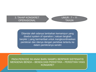 3. TAHAP KONGKRET 
OPERASIONAL 
UMUR : 7 – 11 
TAHUN 
Ditandai oleh adanya tambahan kemampun yang 
disebut system of operation ( satuan langkah 
berpikir ) yang bermanfaat untuk mengkoordinasikan 
pemikiran dan idenya dengan peristiwa tertentu ke 
dalam pemikiranya sendiri 
PADA PERIODE INI ANAK BARU MAMPU BERPIKIR SISTEMATIS 
MENGENAI BENDA – BENDA DAN PERISTIWA – PERISTIWA YANG 
KONGKRET 
 