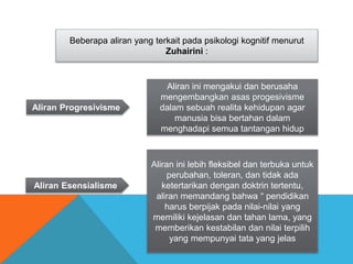 Beberapa aliran yang terkait pada psikologi kognitif menurut 
Zuhairini : 
Aliran Progresivisme 
Aliran ini mengakui dan berusaha 
mengembangkan asas progesivisme 
dalam sebuah realita kehidupan agar 
manusia bisa bertahan dalam 
menghadapi semua tantangan hidup 
Aliran Esensialisme 
Aliran ini lebih fleksibel dan terbuka untuk 
perubahan, toleran, dan tidak ada 
ketertarikan dengan doktrin tertentu, 
aliran memandang bahwa “ pendidikan 
harus berpijak pada nilai-nilai yang 
memiliki kejelasan dan tahan lama, yang 
memberikan kestabilan dan nilai terpilih 
yang mempunyai tata yang jelas 
 