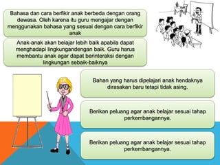 Bahasa dan cara berfikir anak berbeda dengan orang 
dewasa. Oleh karena itu guru mengajar dengan 
menggunakan bahasa yang sesuai dengan cara berfikir 
anak 
Anak-anak akan belajar lebih baik apabila dapat 
menghadapi lingkungandengan baik. Guru harus 
membantu anak agar dapat berinteraksi dengan 
lingkungan sebaik-baiknya 
Bahan yang harus dipelajari anak hendaknya 
dirasakan baru tetapi tidak asing. 
Berikan peluang agar anak belajar sesuai tahap 
perkembangannya. 
Berikan peluang agar anak belajar sesuai tahap 
perkembangannya. 
 