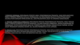 1.PERIODE GERMINAL MERUPAKAN PERIODE AWAL PERKEMBANGAN PRANATAL YANG BERLANGSUNG
PADA 2 MINGGU PERTAMA SETELAH PEMBUAHAN. INI MERUPAKAN MELIPUTI PENCIPTAAN ZIGOT,
DILANJUTKAN DENGAN PEMECAHAN SEL, DAN MELEKATNYA ZIGOT KE DINDING KANDUNGAN.
2. PERIODE EMBRYONIC/EMBRIONIS MERUPAKAN PERIODE PERKEMBANGAN PRANATAL YANG TERJADI
DARI 2 HINGGA 8 MINGGU SETELAH KONSEPSI. SELAMA PERIODE EMBRIONIS, ANGKA PEMISAHAN SEL
MENINGKAT, SISTEM DUKUNGAN BAGI SEL TERBENTUK DAN ORGAN-ORGAN MULAI TAMPAK. KETIKA
ZIGOT MENDEKATI DINDING RAHIM, SEL-SELNYA MEMBENTUK DUA LAPISAN.
3. PERIODE FETAL MERUPAKAN PERIODE PERKEMBANGAN PRANATAL YANG DIMULAI DARI DUA BULAN SETELAH
PEMBUAHAN DAN PADA UMUMNYA BERLANGSUNG SAMPAI 7 BULAN. TIGA BULAN SETELAH PEMBUAHAN,
PANJANG JANIN KIRA-KIRA 3 INCI DAN BERATNYA KIRA-KIRA 1 ONS.
 