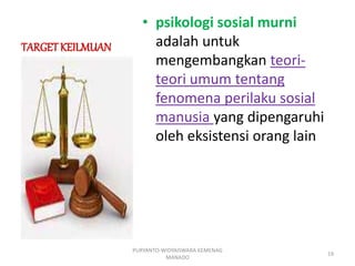 TARGETKEILMUAN
• psikologi sosial murni
adalah untuk
mengembangkan teori-
teori umum tentang
fenomena perilaku sosial
manusia yang dipengaruhi
oleh eksistensi orang lain
PURYANTO-WIDYAISWARA KEMENAG
MANADO
19
 
