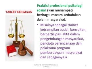 TARGET KEILMUAN
Praktisi profesional psikologi
sosial akan menempati
berbagai macam kedudukan
dalam masyarakat.
• Misalnya sebagai trainer
ketrampilan sosial, konsultan,
berpartisipasi aktif dalam
pengembangan masyarakat,
pencipta perencanaan dan
pelaksana program
pemberdayaan masyarakat
dan sebagainya.a
PURYANTO-WIDYAISWARA KEMENAG
MANADO
21
 
