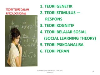 TEORI TEORI DALAM
PSIKOLOGI SOSIAL
1. TEORI GENETIK
2. TEORI STIMULUS —
RESPONS
3. TEORI KOGNITIF
4. TEORI BELAJAR SOSIAL
(SOCIAL LEARNING THEORY)
5. TEORI PSIKOANALISA
6. TEORI PERAN
PURYANTO-WIDYAISWARA KEMENAG
MANADO
24
 