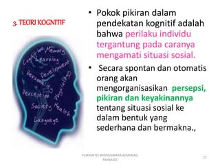 3. TEORI KOGNITIF
• Pokok pikiran dalam
pendekatan kognitif adalah
bahwa perilaku individu
tergantung pada caranya
mengamati situasi sosial.
• Secara spontan dan otomatis
orang akan
mengorganisasikan persepsi,
pikiran dan keyakinannya
tentang situasi sosial ke
dalam bentuk yang
sederhana dan bermakna.,
PURYANTO-WIDYAISWARA KEMENAG
MANADO
27
 