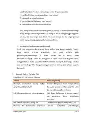 Psikologi Sosial - Diri Page 8
diri kita ketika melakukan perbandingan keatas dengan orang lain:
1. Melebih-lebihkan kemampuan target yang berhasil
2. Mengubah target perbandingan
3. Menjauhkan diri dari target yang berhasil
4. Mengecilkan nilai dimensi perbandingan
Jika orang dalam contoh diatas menggunakan strategi 4, ia mungkin melindungi
harga dirinya denan mengatakan “Aku mungkin bukan orang yang paling pintar
dikelas, tapi aku sangat baik dalam pekerjaan lainnya dan itu sangat penting
untuk memperoleh pengalaman kerja dimasa depan.
 Membuat perbandingan dengan kelompok
Teori yang mendukung hal tersebut diatas adalah "teori kategorisasi-diri (Turner,
Hogg, Oakes, Reicher &Wetherel), 1987 yang berfokus pada
perbandingan-perbandingan di dalam (antar) dan di antara (intra)
kelompok-kelompok. Turner dkk menggunakan istilah "Purwarupa kognitif" untuk
menggambarkan skema yang kita miliki keterkaitan kelompok. Purwarupa tersebut
akan memandu perilaku dan perasaan-perasaan kita tentang diri sebagai anggota
kelompok.
I. Dampak Budaya Terhadap Diri
Penafsiran diri Markus dan Kitayana
Mandiri Saling Tergantung
Biasanya ditunjukkan dalam budaya
Amerika dan Eropa Barat
Biasanya ditunjukkan dalam budaya Jepang
dan Asia lainnya, Afrika, Amerika Latin
dan banyak budaya Eropa Selatan
Individu merupakan unit primer kesadaran Diri dalam hubungannya dengan orang2
lain merupakan fokus pengalaman
individual
Diri terpisah dari orang-orang lain Diri terhubung dengan orang-orang lain
Otonomi dan kemandirian merupakan Otonomi merupakan pertimbangan
 