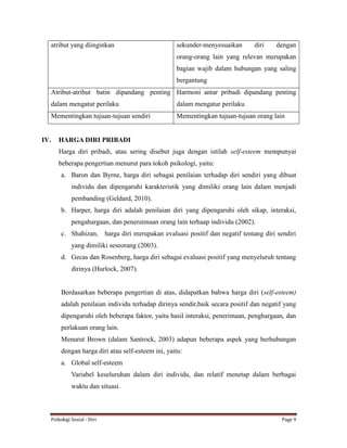 Psikologi Sosial - Diri Page 9
atribut yang diinginkan sekunder-menyesuaikan diri dengan
orang-orang lain yang relevan merupakan
bagian wajib dalam hubungan yang saling
bergantung
Atribut-atribut batin dipandang penting
dalam mengatur perilaku
Harmoni antar pribadi dipandang penting
dalam mengatur perilaku
Mementingkan tujuan-tujuan sendiri Mementingkan tujuan-tujuan orang lain
IV. HARGA DIRI PRIBADI
Harga diri pribadi, atau sering disebut juga dengan istilah self-esteem mempunyai
beberapa pengertian menurut para tokoh psikologi, yaitu:
a. Baron dan Byrne, harga diri sebagai penilaian terhadap diri sendiri yang dibuat
individu dan dipengaruhi karakteristik yang dimiliki orang lain dalam menjadi
pembanding (Geldard, 2010).
b. Harper, harga diri adalah penilaian diri yang dipengaruhi oleh sikap, interaksi,
pengahargaan, dan peneraimaan orang lain terhaap individu (2002).
c. Shahizan, harga diri merupakan evaluasi positif dan negatif tentang diri sendiri
yang dimiliki seseorang (2003).
d. Gecas dan Rosenberg, harga diri sebagai evaluasi positif yang menyeluruh tentang
dirinya (Hurlock, 2007).
Berdasarkan beberapa pengertian di atas, didapatkan bahwa harga diri (self-esteem)
adalah penilaian individu terhadap dirinya sendir,baik secara positif dan negatif yang
dipengaruhi oleh beberapa faktor, yaitu hasil interaksi, penerimaan, penghargaan, dan
perlakuan orang lain.
Menurut Brown (dalam Santrock, 2003) adapun beberapa aspek yang berhubungan
dengan harga diri atau self-esteem ini, yaitu:
a. Global self-esteem
Variabel keseluruhan dalam diri individu, dan relatif menetap dalam berbagai
waktu dan situasi.
 
