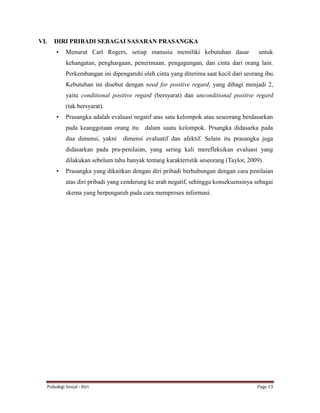 Psikologi Sosial - Diri Page 13
VI. DIRI PRIBADI SEBAGAI SASARAN PRASANGKA
• Menurut Carl Rogers, setiap manusia memiliki kebutuhan dasar untuk
kehangatan, penghargaan, penerimaan, pengagungan, dan cinta dari orang lain.
Perkembangan ini dipengaruhi oleh cinta yang diterima saat kecil dari seorang ibu.
Kebutuhan ini disebut dengan need for positive regard, yang dibagi menjadi 2,
yaitu conditional positive regard (bersyarat) dan unconditional positive regard
(tak bersyarat).
• Prasangka adalah evaluasi negatif atas satu kelompok atau seseorang berdasarkan
pada keanggotaan orang itu dalam suatu kelompok. Prsangka didasarka pada
dua dimensi, yakni dimensi evaluatif dan afektif. Selain itu prasangka juga
didasarkan pada pra-penilaian, yang sering kali merefleksikan evaluasi yang
dilakukan sebelum tahu banyak tentang karakteristik seseorang (Taylor, 2009).
• Prasangka yang dikaitkan dengan diri pribadi berhubungan dengan cara penilaian
atas diri pribadi yang cenderung ke arah negatif, sehingga konsekuensinya sebagai
skema yang berpengaruh pada cara memproses informasi.
 