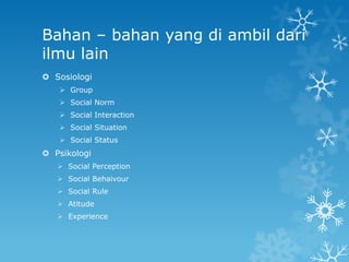 Bahan – bahan yang di ambil dari
ilmu lain
 Sosiologi
    Group
    Social Norm
    Social Interaction
    Social Situation
    Social Status
 Psikologi
    Social Perception
    Social Behaivour
    Social Rule
    Atitude
    Experience
 
