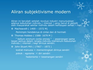 Aliran subjektivisme modern

Aliran ini berubah setelah revolusi industri menunjukkan
adanya kebutuhan individu ( interest ) yang harus di penuhi
oleh masyarakat sekitar individu dalam kehidupan sehari – hari
 Macheavelli ( 1469 – 1572 M)
    Pemimpin hendaknya di cintai dan di hormati
 Thomas Hobbes ( 1588- 1679 M )
     “ bellum ommum conta omnes “ : peperangan sama
lawan semua dalam rangka individu memenuhi kebutuhan
individu ( interest ) bagi dirinya sendiri.
 John Stuart Mill ( 17967 – 1873 )
    kodrat manusia  mementingkan dirinya sendiri
    pokok : egoisme  diri sendiri
            hedonisme  kesenangan sendiri
 