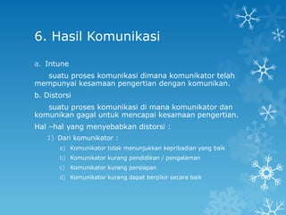 6. Hasil Komunikasi

a. Intune
  suatu proses komunikasi dimana komunikator telah
mempunyai kesamaan pengertian dengan komunikan.
b. Distorsi
   suatu proses komunikasi di mana komunikator dan
komunikan gagal untuk mencapai kesamaan pengertian.
Hal –hal yang menyebabkan distorsi :
   1) Dari komunikator :
       a) Komunikator tidak menunjukkan kepribadian yang baik
       b) Komunikator kurang pendidikan / pengalaman
       c) Komunikator kurang persiapan
       d) Komunikator kurang dapat berpikir secara baik
 