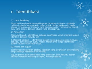 c. Identifikasi
1) Latar Belakang
Sigmund Freud pada penyelidikannya terhadap individu – individu
:setiap individu mempunyain nafsu untuk menempatkan diri pada
situasi tertentu agar individu yang bersangkuatan mempunyai tinglah
laku yang sesuai dengan situasi yang dihadapinya.
2) Pengertian
Sigmund Freud : identifikasi sebagai doro9ngan untuk menjasi sama (
identik ) dengan individu lain
S.Stanfeld Sargent : identifikasi adalah suatu proses untuk melayani
sebagau penunjukkan suatu model. Mekanisme fungsi identifikasi
dalam situasi sosial secara luas.
3) Proses dan Tujuan
Identifikasi merupakan proses/ kegiatan yang di lakukan oleh individu
tanpa adanya kesadran dari individu
Tujuan proses dari identifikasi yang dilakukan oleh individu adalah
individu tersebut kuarang mampu / kurang disadari.
 